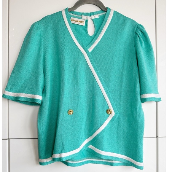 1980s Vivanti Green Sweater Power Suit Gold Buttons Short Sleeve Size 10 - Picture 1 of 9
